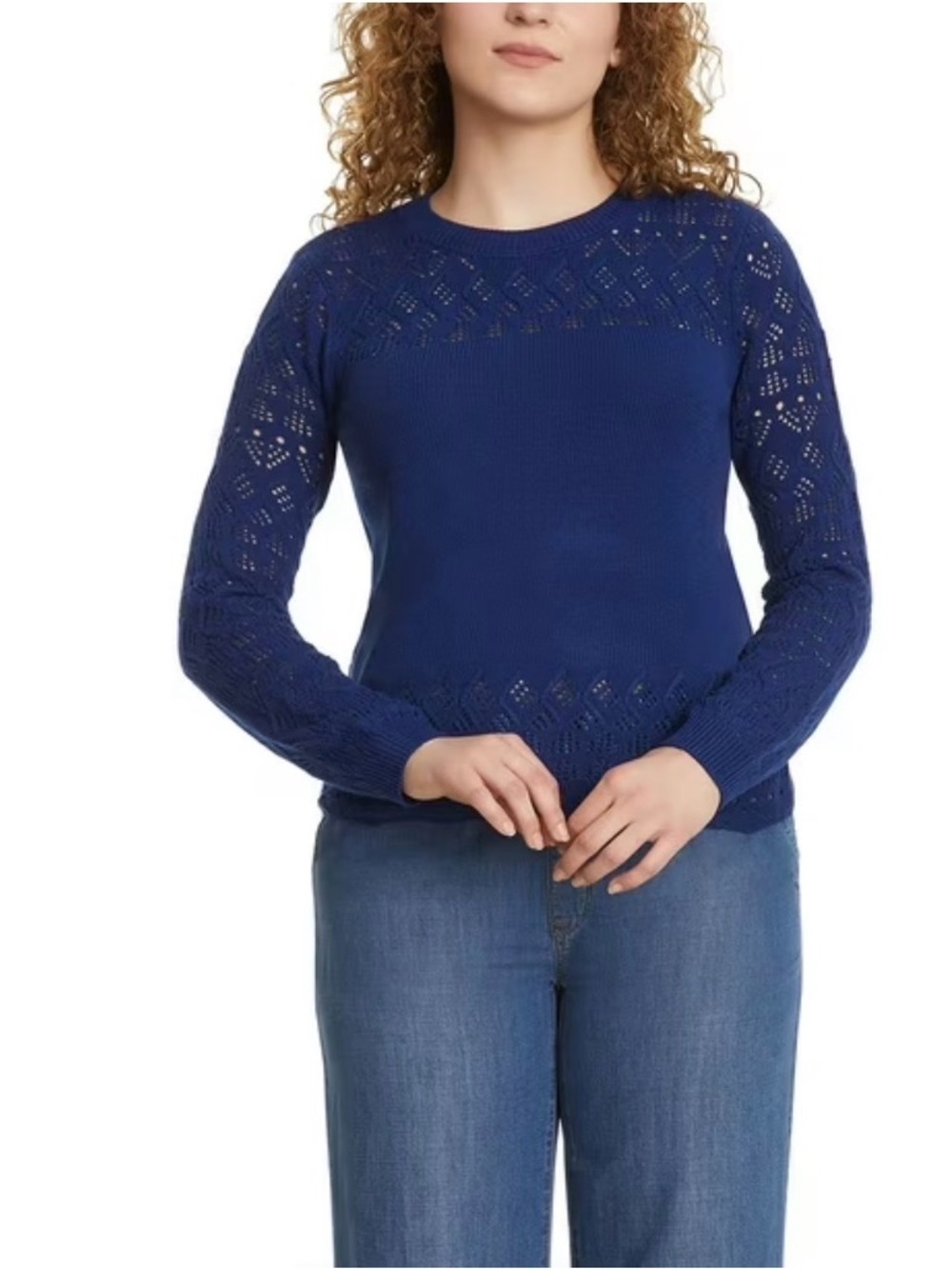 Women's Nine West Navy Pointelle Sweater Blue Crewneck Sweater Medium